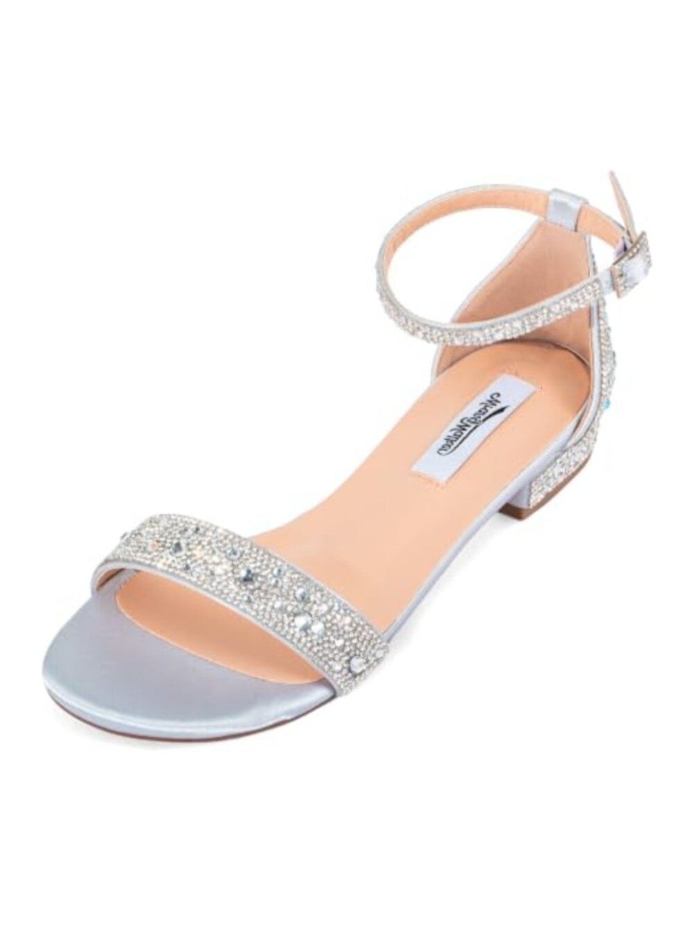 Womens Wide Width Rhinestone Flat Sandals Ankle Strap Cushioned